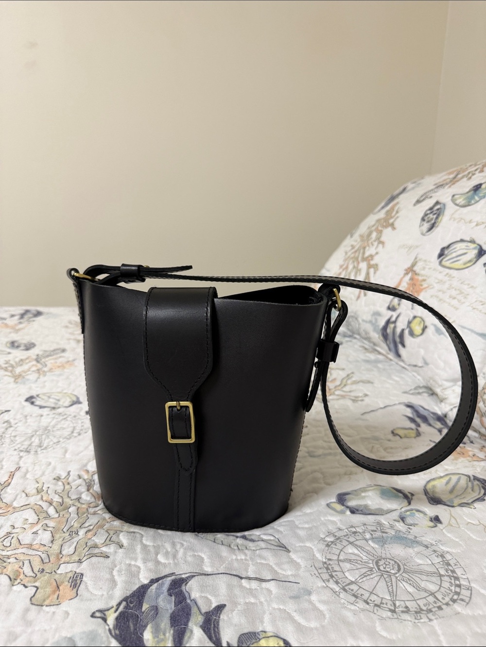 Portland Leather Black Bucket Shoulder Bag with Gold Buckle